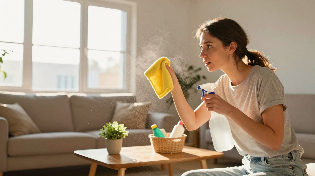 Mulher limpando mesa de centro de sala com pano amarelo e spray em ambiente iluminado pela luz natural.