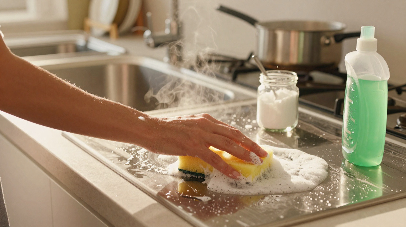 Mão limpando pia de aço inox com esponja amarela e detergente verde, com vapor visível.