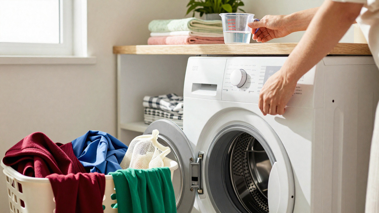 Pessoa colocando detergente líquido na lavadora branca com cesta de roupas coloridas ao lado.