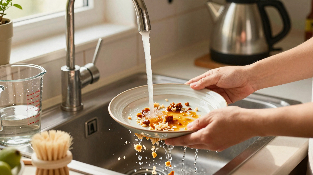 Pessoa lavando prato com restos de comida em pia de cozinha com torneira aberta.