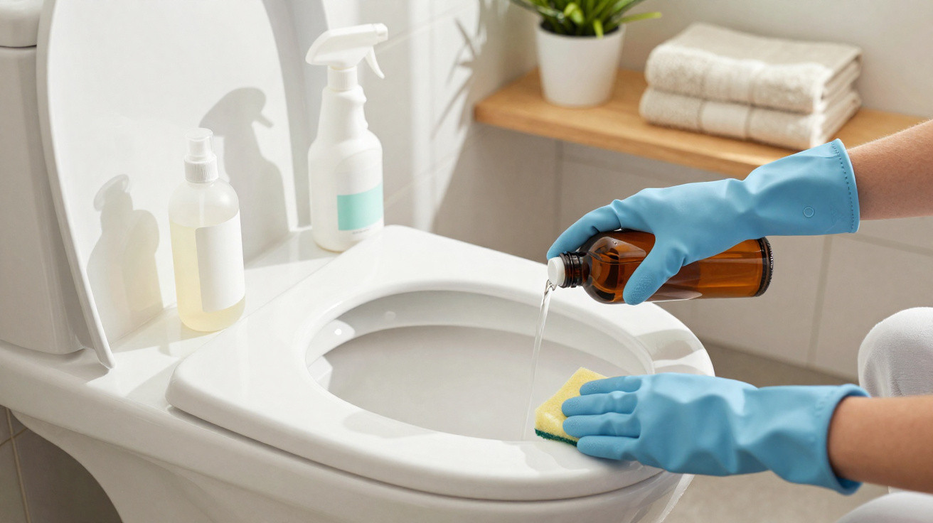 Mãos com luvas azuis aplicando produto de limpeza na borda de vaso sanitário branco com esponja amarela.