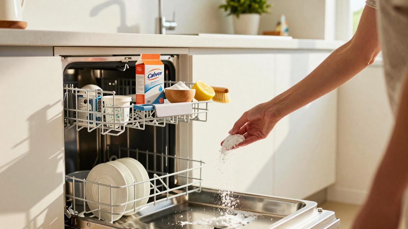 Pessoa colocando detergente em pó na lava-louças aberta em cozinha clara e moderna.