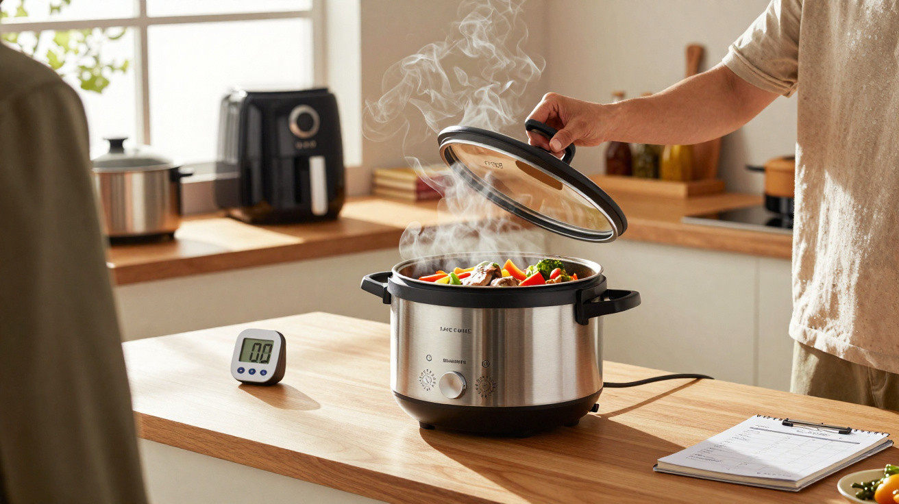 Panela elétrica de pressão com tampa sendo aberta e vapor saindo, em bancada de cozinha moderna.