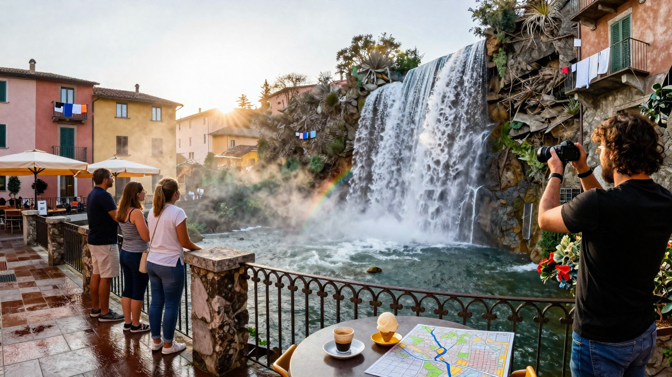 Grupo de pessoas observando e fotografando cachoeira com arco-íris e pôr do sol em área urbana.
