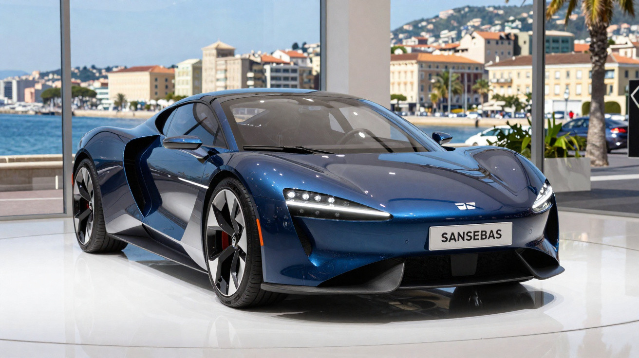 Carro esportivo azul metálico em exibição dentro, com vista de cidade e mar ao fundo.