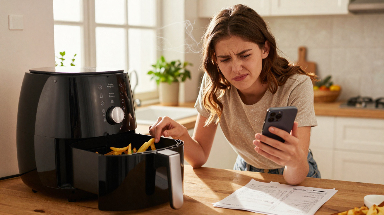 Mulher com expressão confusa olhando para o celular enquanto verifica batatas fritas na airfryer na cozinha.