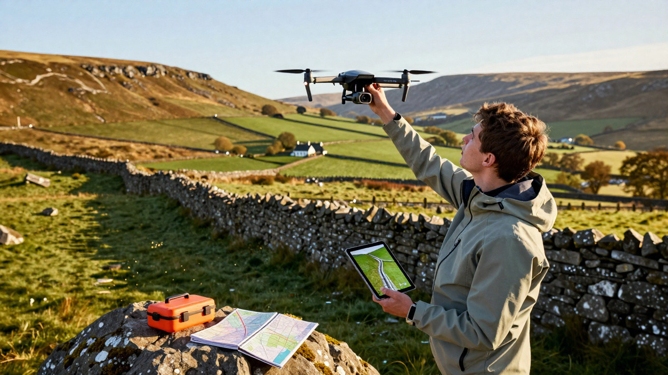 Homem segura drone para decolar em área rural com mapas e controle sobre pedra à sua frente.