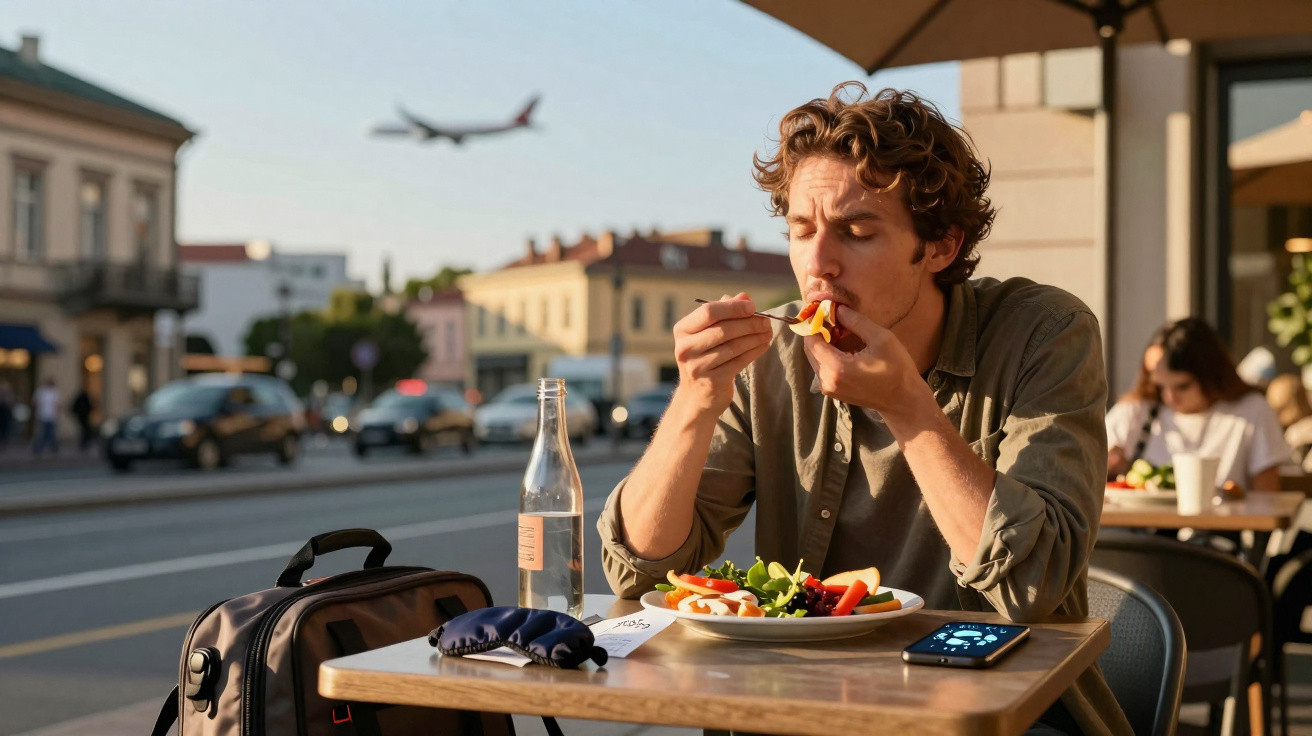 Homem comendo salada em mesa ao ar livre com avião voando ao fundo na cidade.