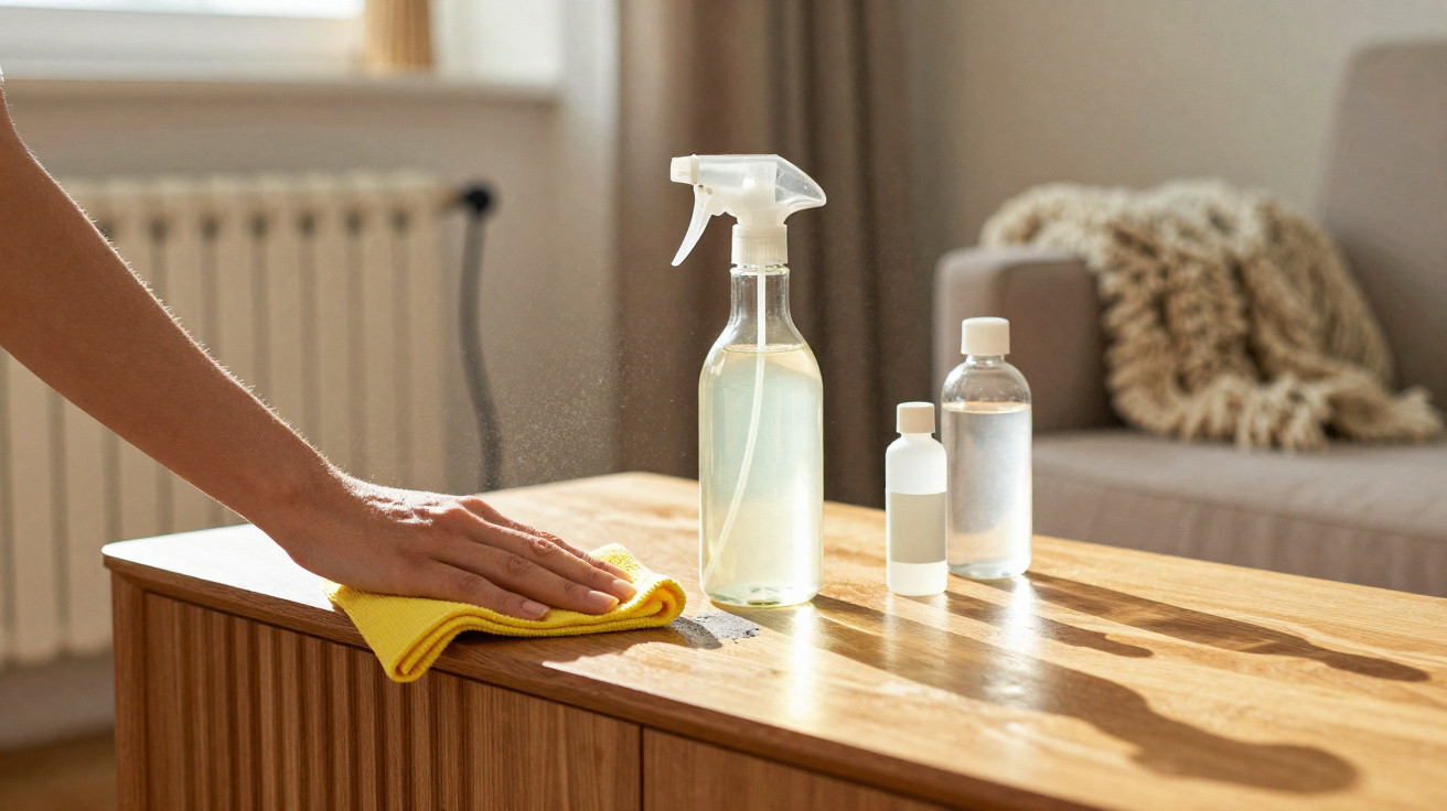 Pessoa limpando mesa de madeira com pano amarelo e produtos de limpeza em spray e frascos transparentes.