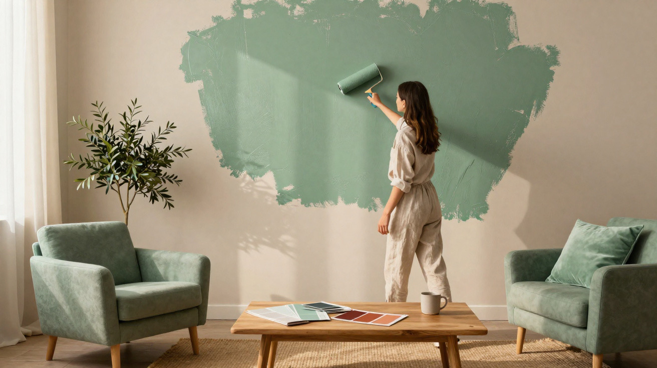 Mulher pintando parede de bege para verde em sala com duas poltronas e mesa de centro.