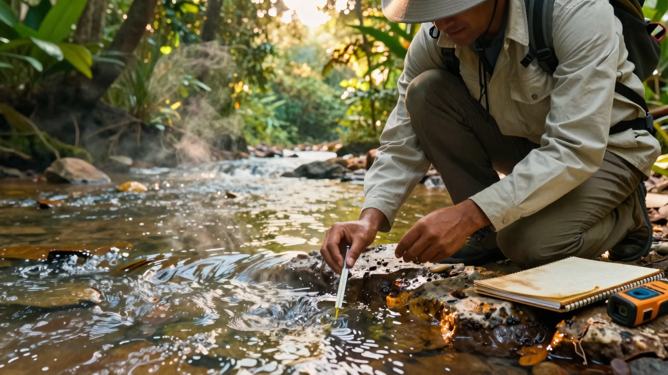 Cientista coletando amostra de água em riacho da floresta com caderno e equipamento ao lado.