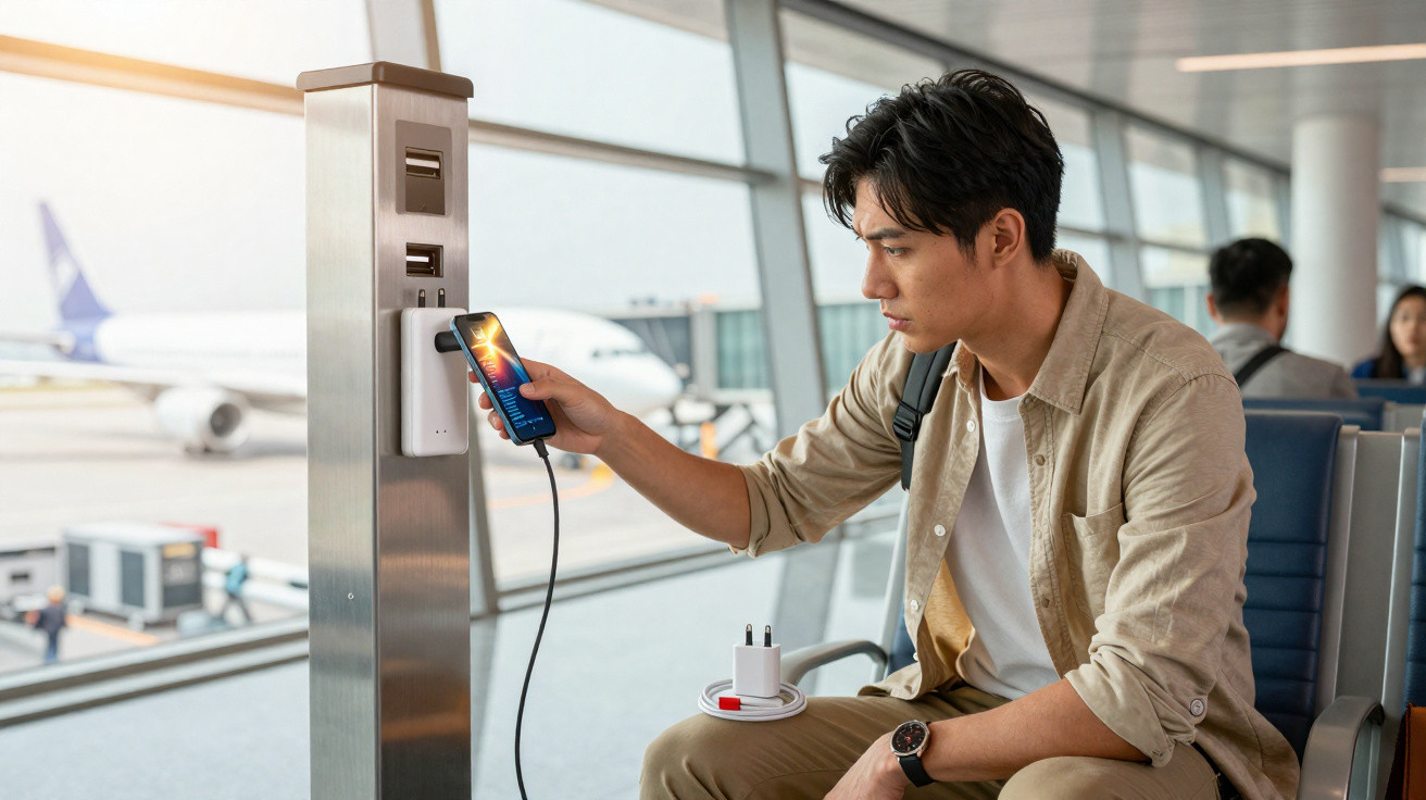 Homem carregando celular em tomada de aeroporto com avião ao fundo, sentado em banco da sala de embarque.