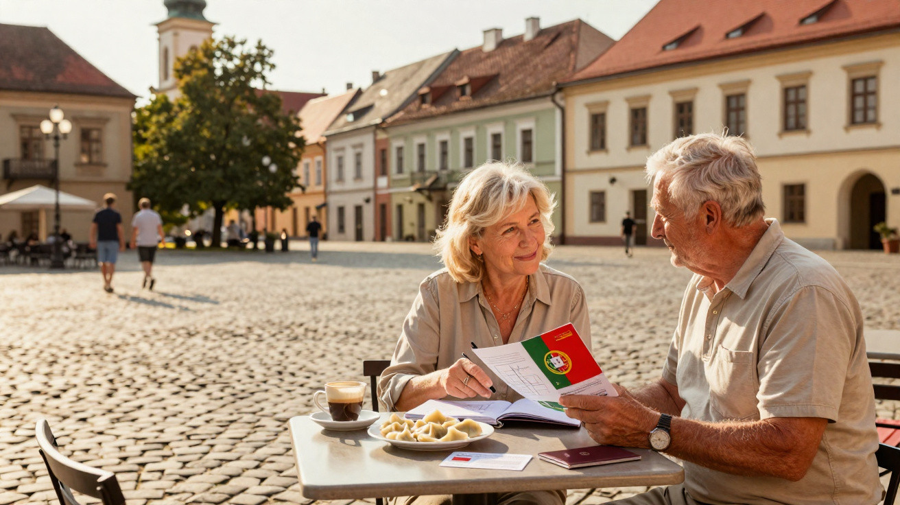 Casal idoso sentado em mesa ao ar livre com comida e documento de Portugal em praça histórica.