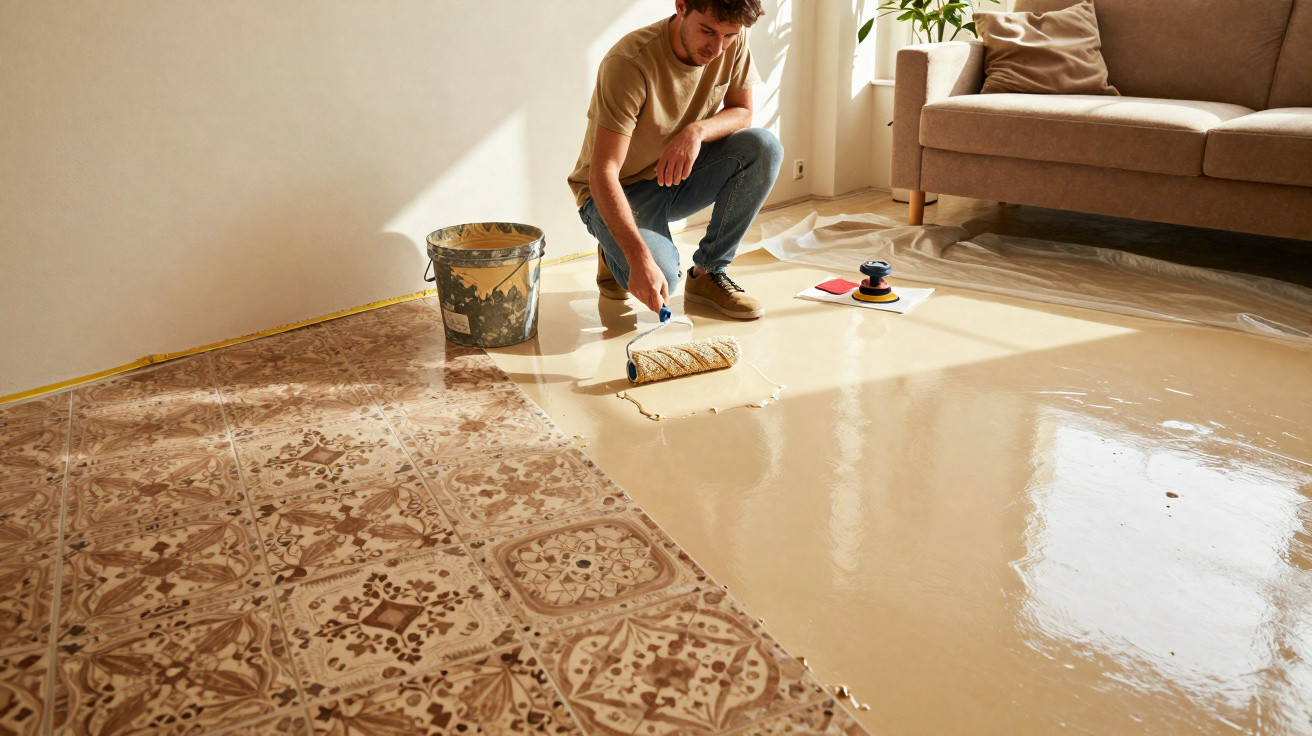 Homem aplicando tinta clara com rolo para pintar piso de cerâmica antiga em sala iluminada.