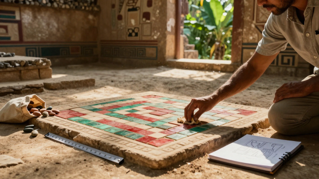 Pessoa reconstruindo tabuleiro antigo de jogo com peças e desenhos em sítio arqueológico.