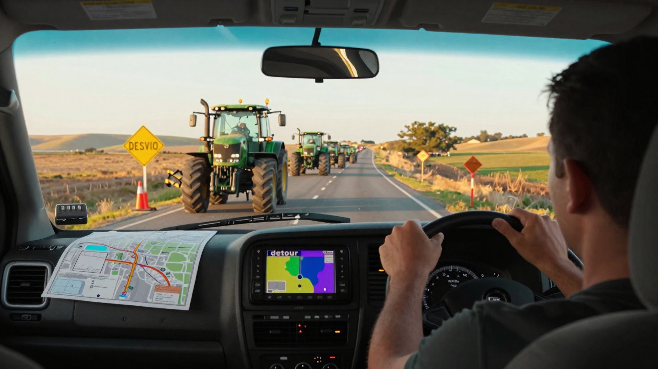 Motorista observa tratores na estrada e sinais de desvio enquanto dirige veículo com GPS e mapa.