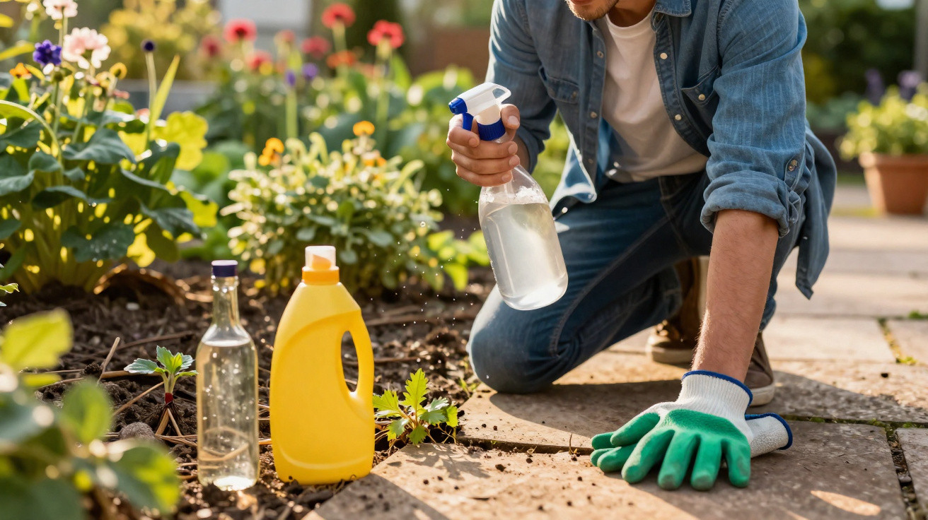 Pessoa com luva verde pulverizando plantas em jardim com frascos ao lado em dia ensolarado
