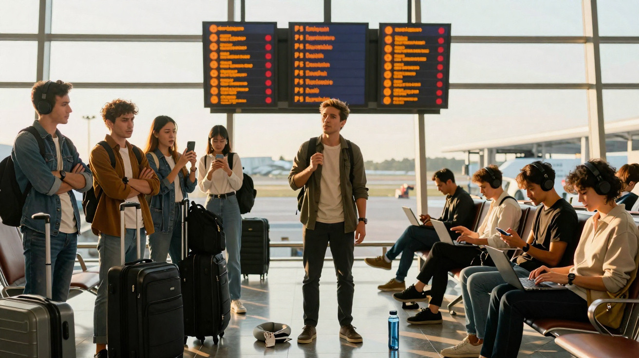 Pessoas jovens aguardando voo em aeroporto com bagagens e telas de informação ao fundo.