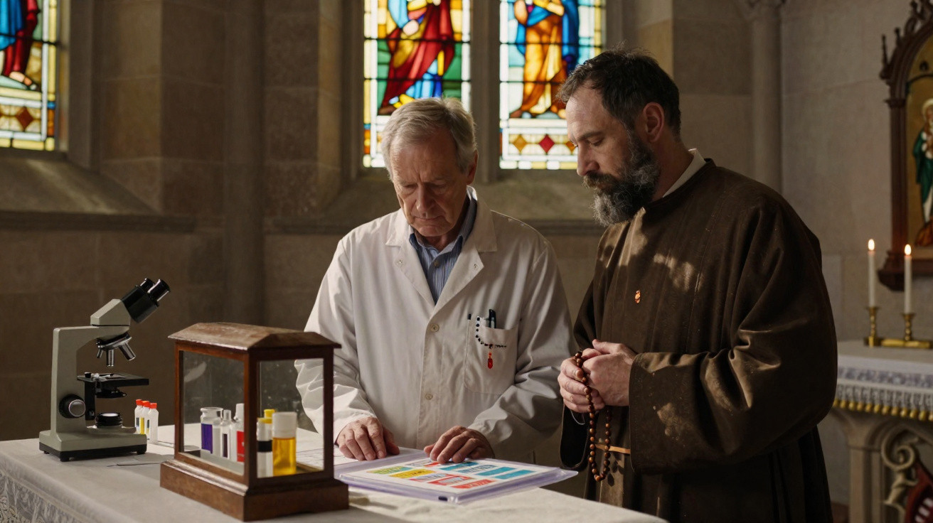 Cientista e padre em laboratório dentro de igreja, analisando amostras químicas sobre mesa.
