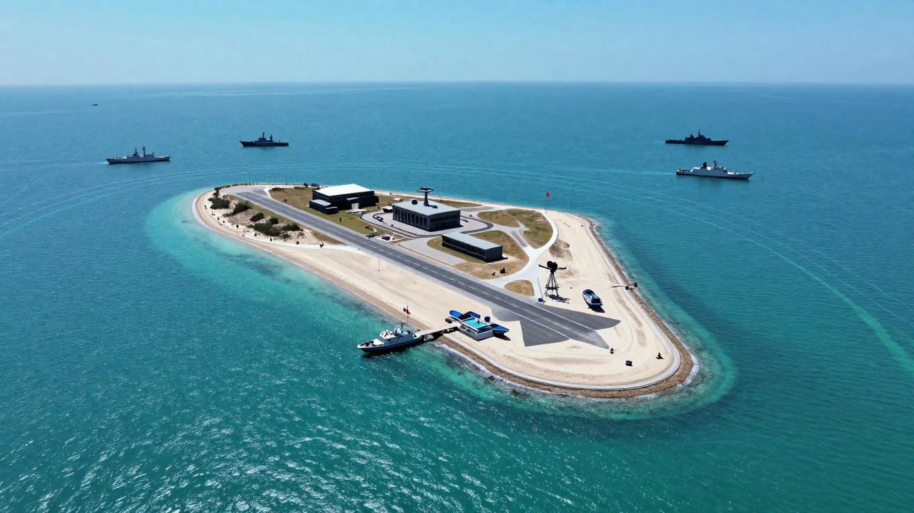 Pequena ilha artificial com construções, pista de pouso e navios militares ao redor em mar azul.