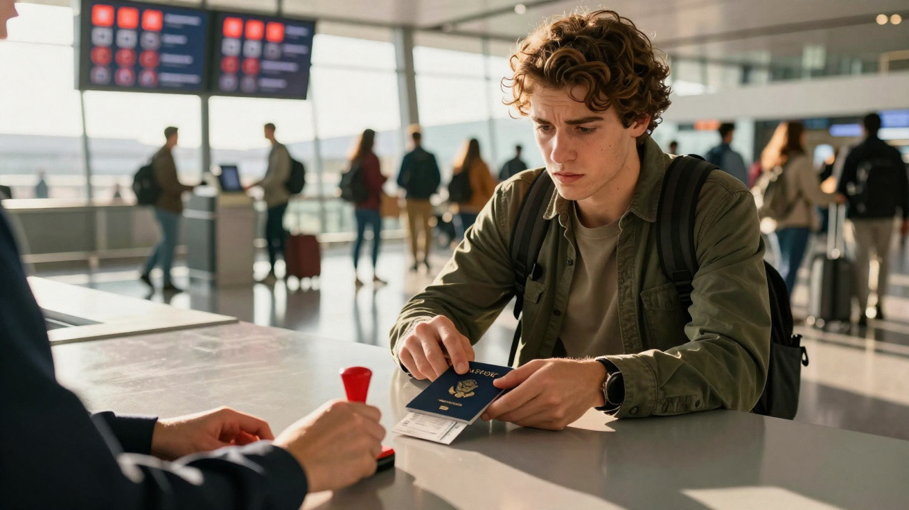 Jovem apresenta passaporte e bilhete para agente em balcão no aeroporto com passageiros ao fundo.