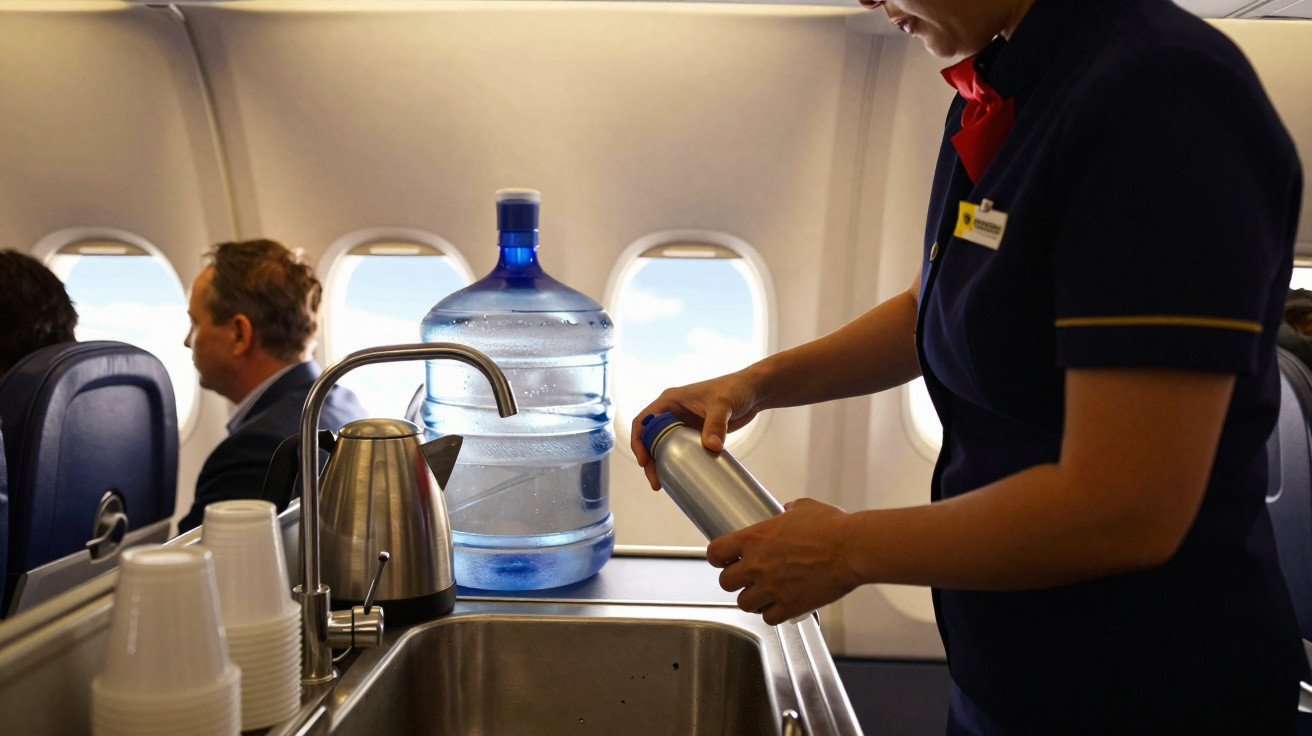 Comissária de bordo servindo bebida em recipiente metálico dentro de avião.