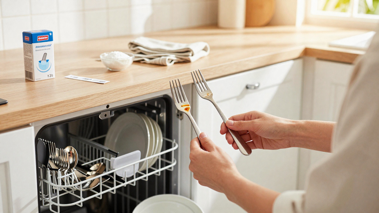 Pessoa limpando talheres com detetive ou limpador em cozinha com máquina de lavar louça aberta.