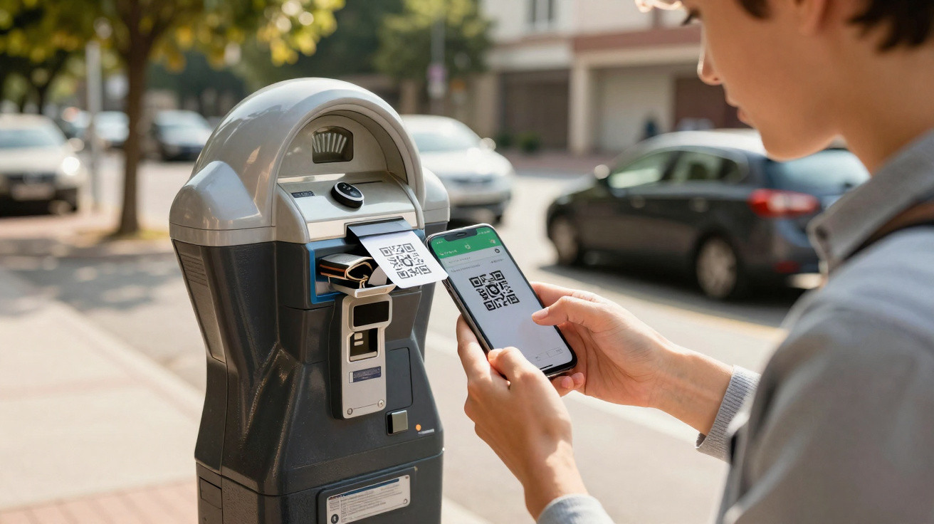 Pessoa usa celular para escanear QR code em parquímetro na calçada de rua urbana movimentada.