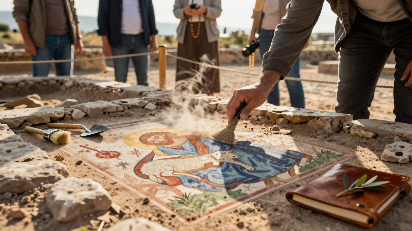 Pessoa limpando pintura antiga em sítio arqueológico com ferramentas, livro e grupos ao fundo.