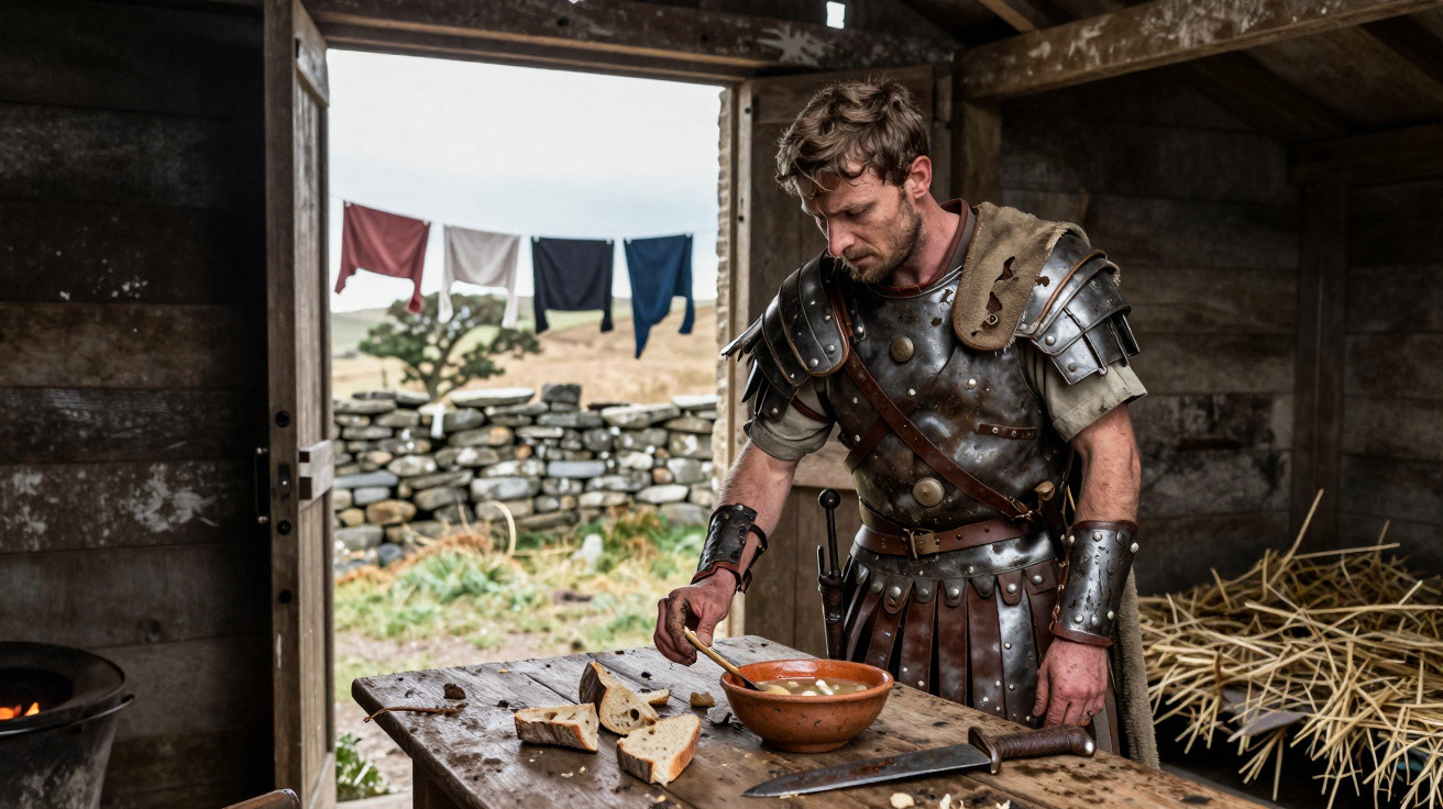 Homem vestido com armadura medieval dentro de cabana, preparando comida em mesa de madeira.