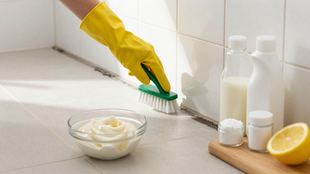 Mão com luva amarela esfrega sujeira em azulejo com escova, creme em pote e limão ao lado.