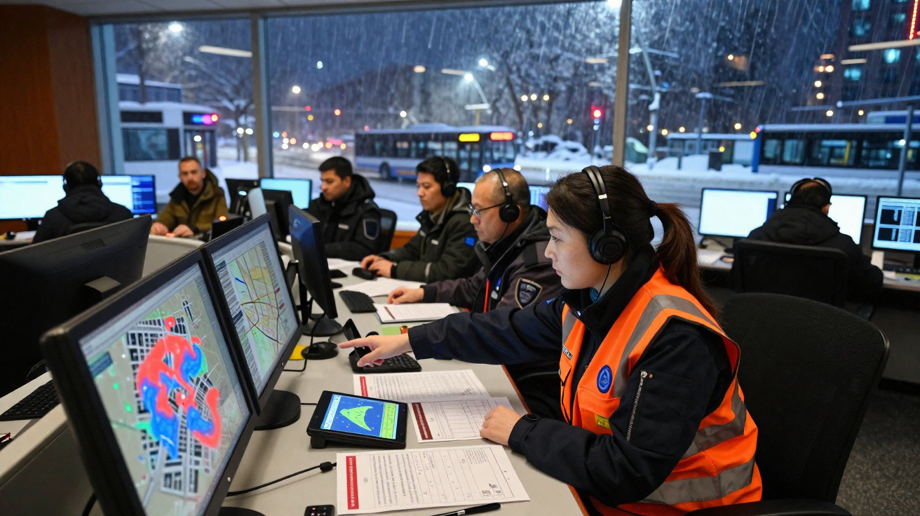 Equipe de emergência monitora mapas digitais e opera com headsets em central durante nevasca à noite.