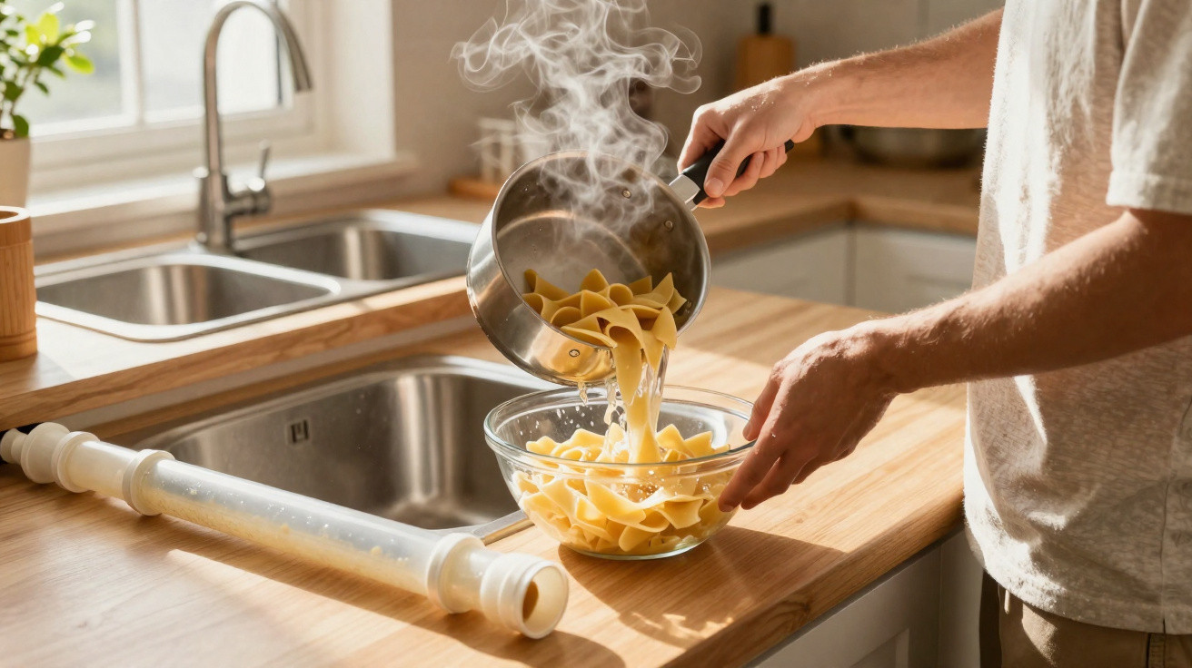Pessoa transferindo macarrão quente de panela para tigela de vidro em cozinha com bancada de madeira.