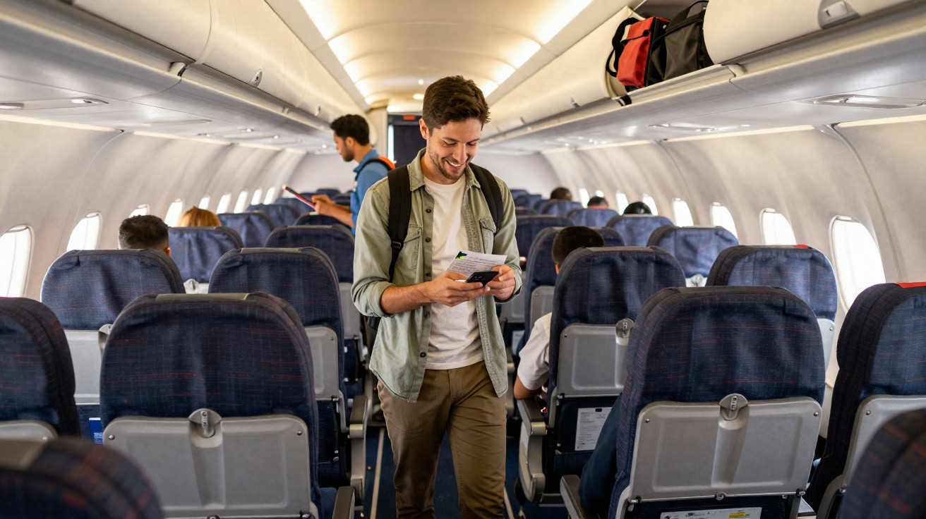 Passageiro sorridente caminhando pelo corredor de avião com assentos azuis e outros passageiros sentados.