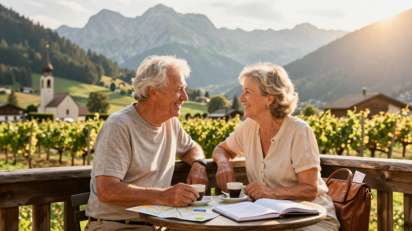 Casal idoso sentado ao ar livre, tomando café e sorrindo, com vinhedo e montanhas ao fundo.