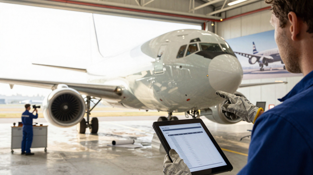 Técnicos inspecionam avião em hangar usando tablet e câmera profissional durante manutenção.