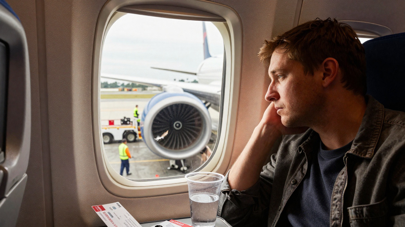 Homem olhando pela janela de avião com bilhete e copo de água ao lado na mesa do assento.
