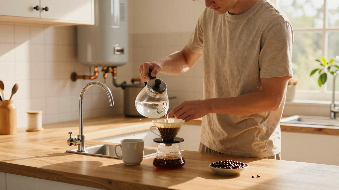 Pessoa preparando café coado em cozinha iluminada, com mesa de madeira e grãos de café sobre a bancada.