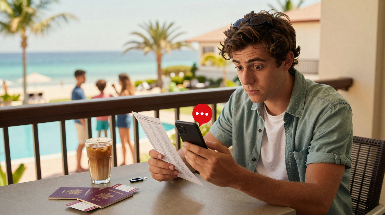 Jovem usando celular e segurando papel, sentado em mesa com passaporte, café e pen drive, na varanda de praia.