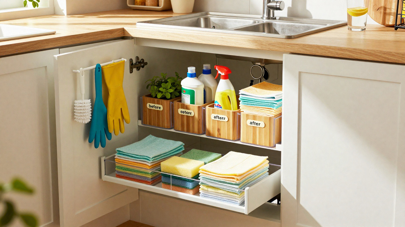 Armário de cozinha organizado com produtos de limpeza, luvas, esponjas e panos dobrados.