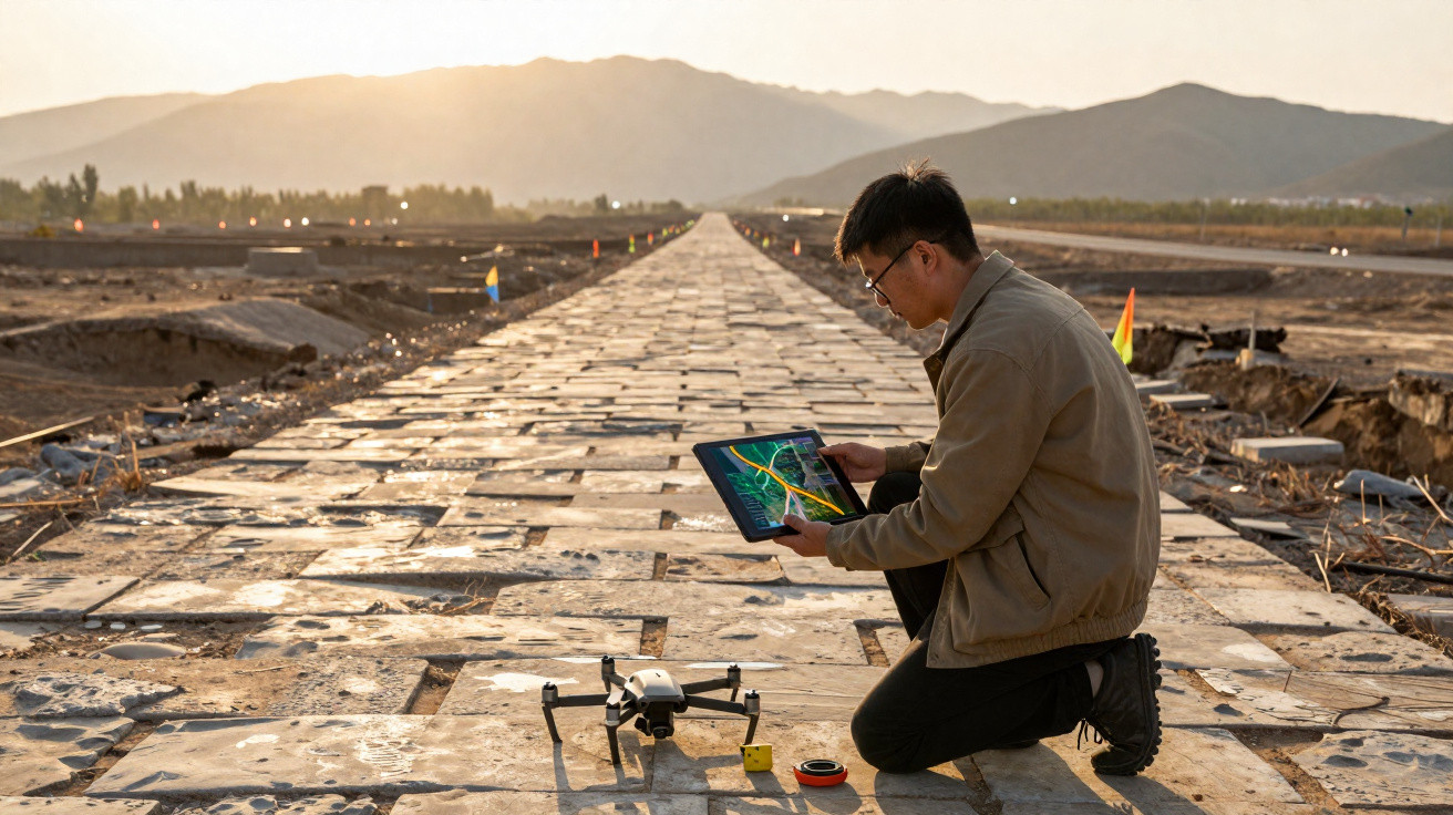 Homem ajoelhado usando tablet para controlar drone em pista de pedra com montanhas ao fundo ao pôr do sol.