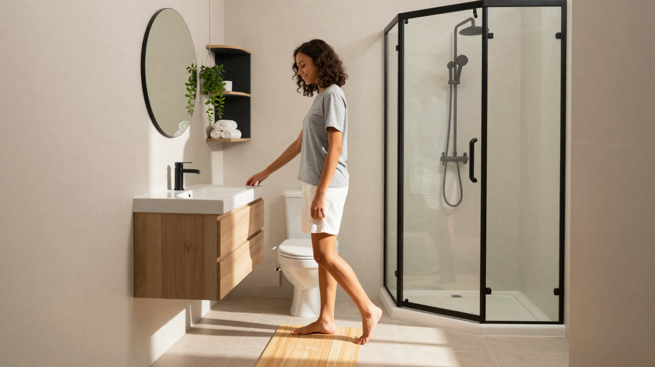 Mulher em banheiro moderno com pia, vaso sanitário e box de vidro preto, luz natural ilumina o ambiente.