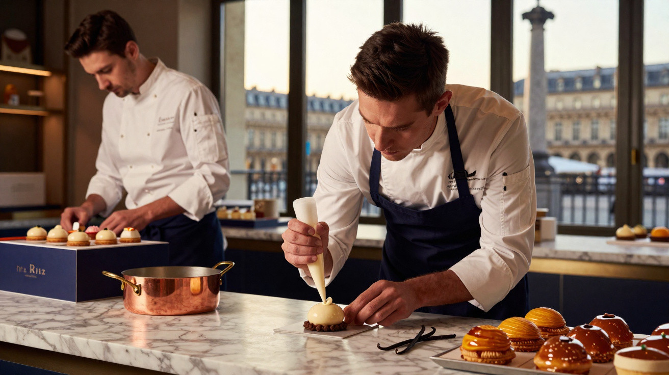 Dois chefs confeiteiros preparando e decorando sobremesas em uma cozinha com vista para a cidade.