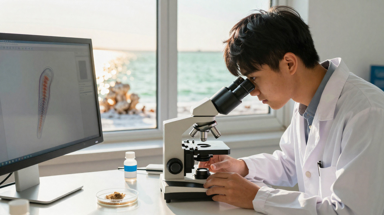 Homem jovem em jaleco observando amostra em microscópio, com imagem de organismo na tela do computador.