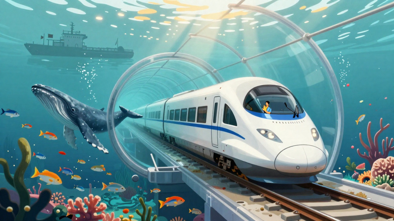 Trem moderno passando por túnel de vidro no fundo do mar com peixes, corais, baleia e navio ao fundo.