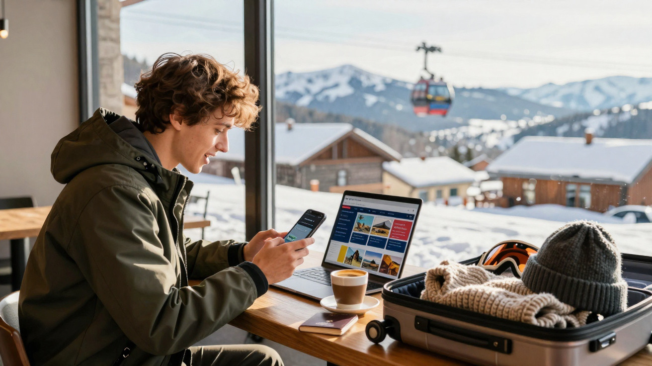 Homem usando celular e laptop em cafeteria com vista para estação de esqui e montanhas nevadas.
