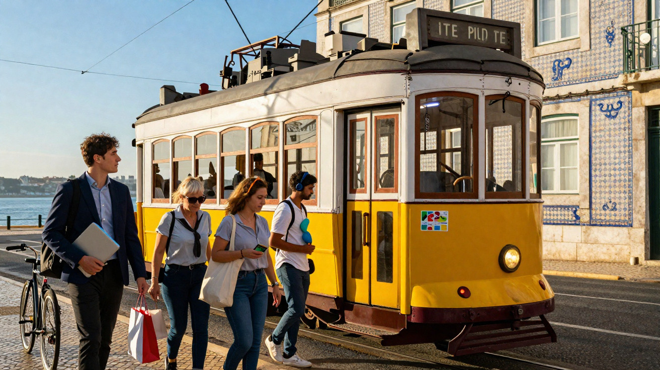 Elétrico amarelo histórico com passageiros caminhando na calçada em dia ensolarado na cidade.