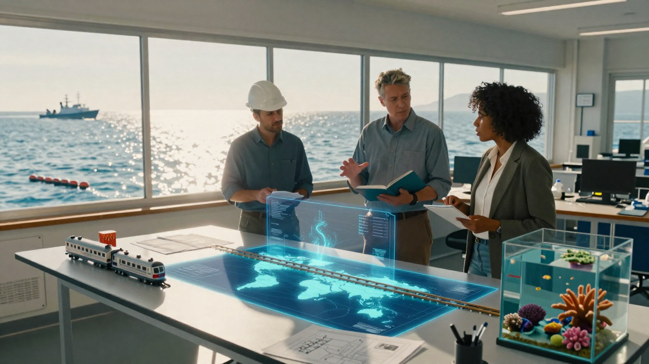 Três profissionais discutem projeto com maquetes e holograma de mapa mundial em escritório com vista para o mar.