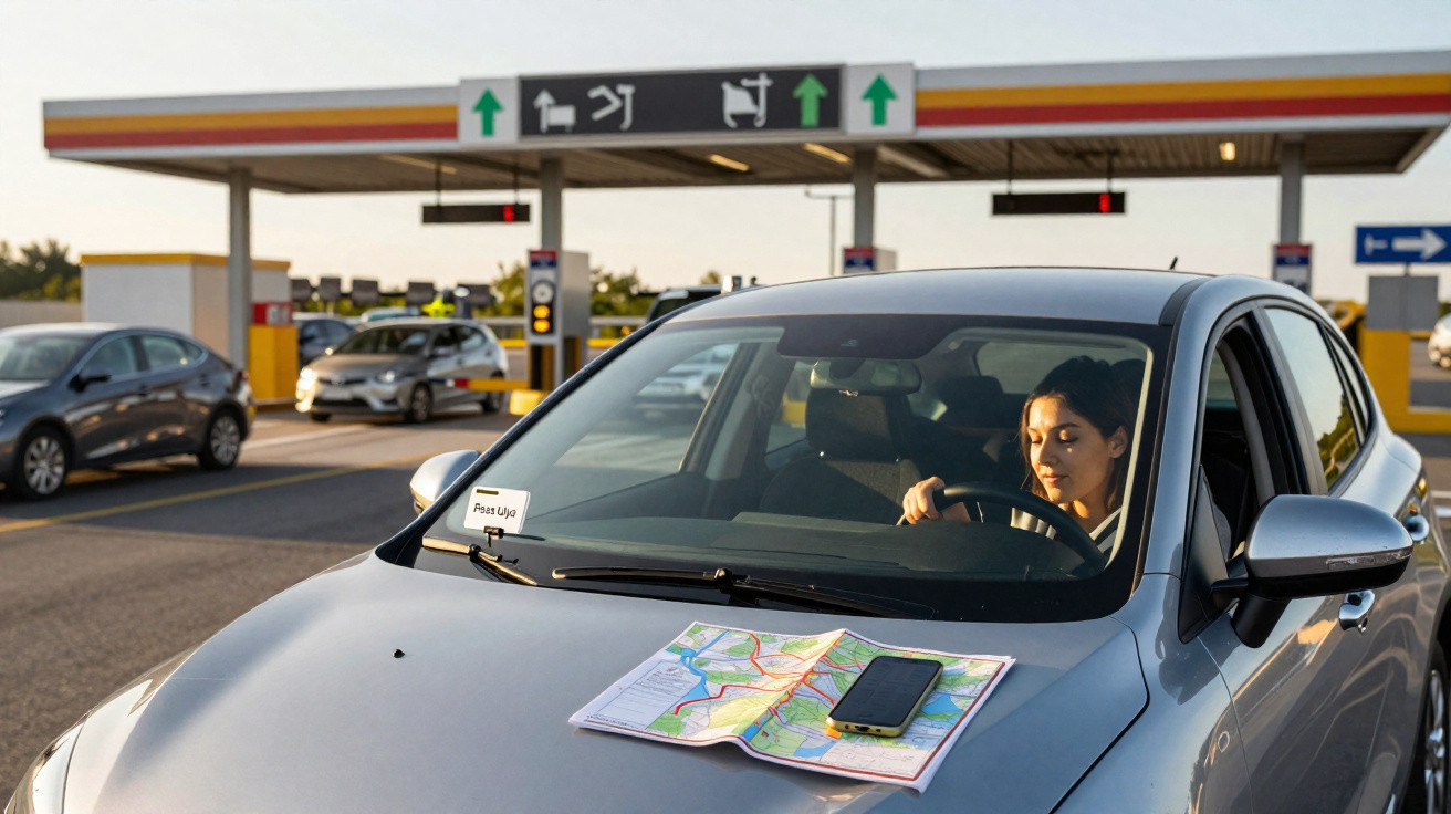 Mulher dentro de carro parado em posto de pedágio com mapa e celular sobre o capô.