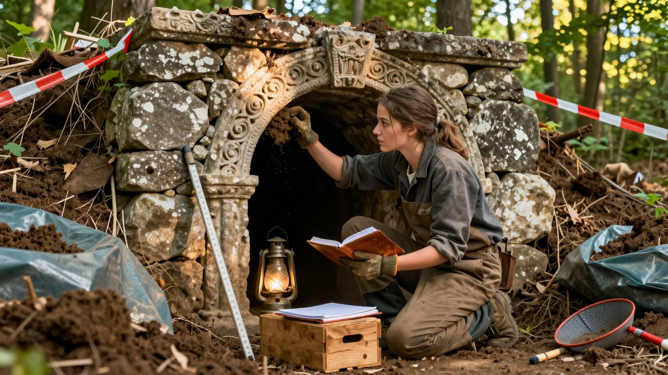 Mulher arqueóloga examinando entrada de escavação antiga com livro e lanternas na floresta.